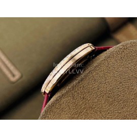 Piaget An Factory Diamond Case Leather Strap Watch Wine Red