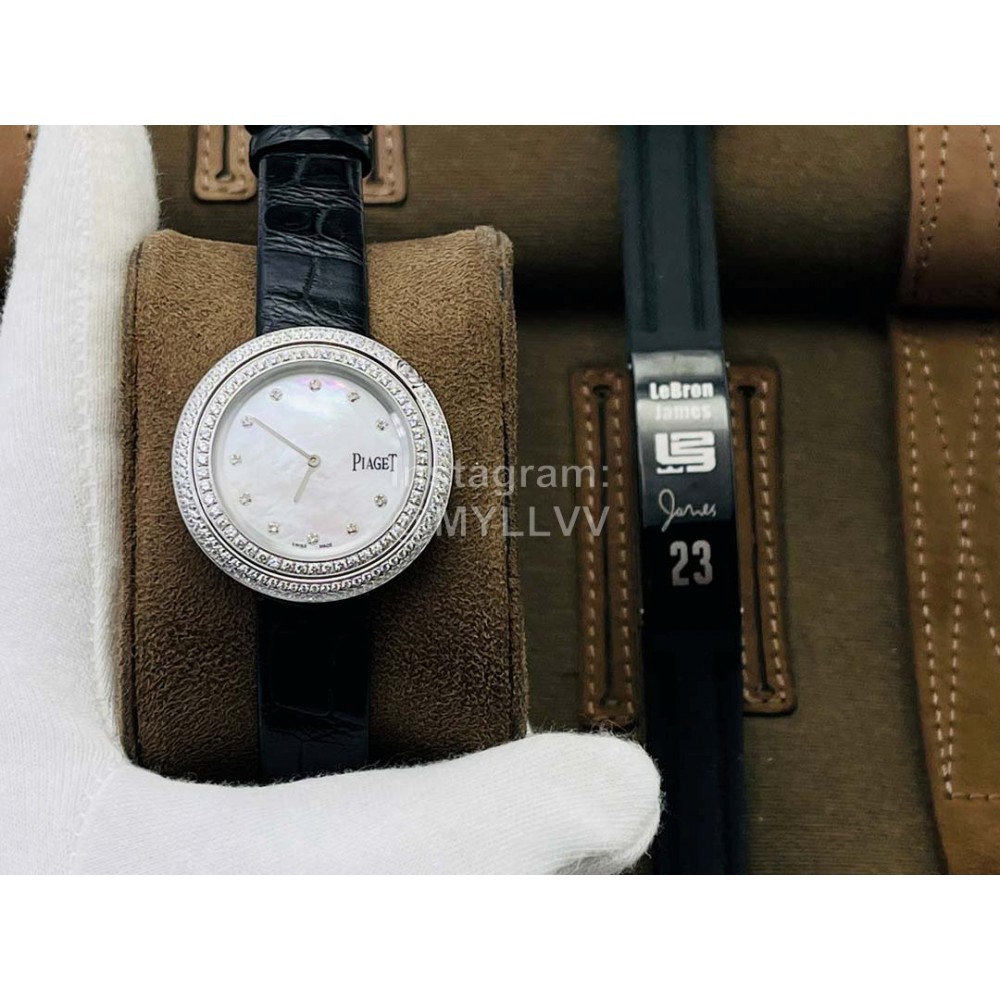 Piaget An Factory Diamond Case Leather Strap Watch Black