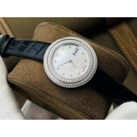 Piaget An Factory Diamond Case Leather Strap Watch Black