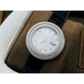 Piaget An Factory Diamond Case Leather Strap Watch Black