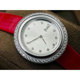 Piaget An Factory Diamond Case Red Leather Strap Watch