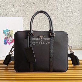 Prada Nylon Leather Exquisite Workmanship Black Business Briefcase 2ve368
