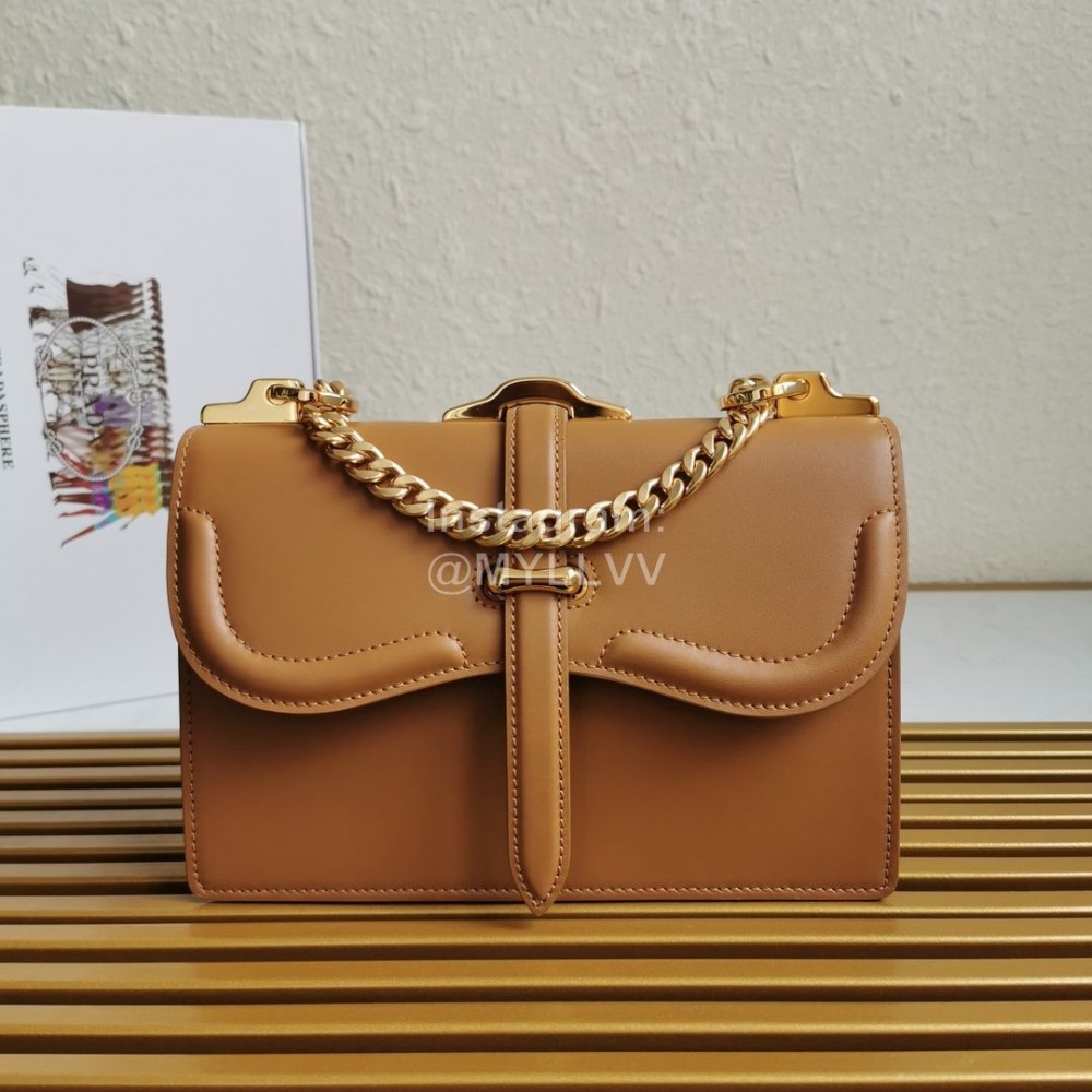 Prada Calfskin Gold Chain Flap Bag For Women Coffee 1bd188