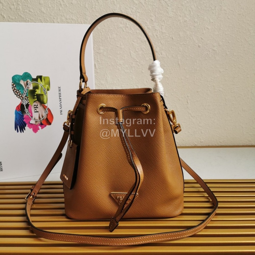 Prada Cross Cowhide Drawstring Bucket Bag Handbag For Women Brown 1be032