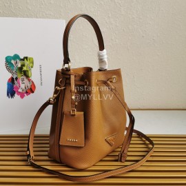 Prada Cross Cowhide Drawstring Bucket Bag Handbag For Women Brown 1be032
