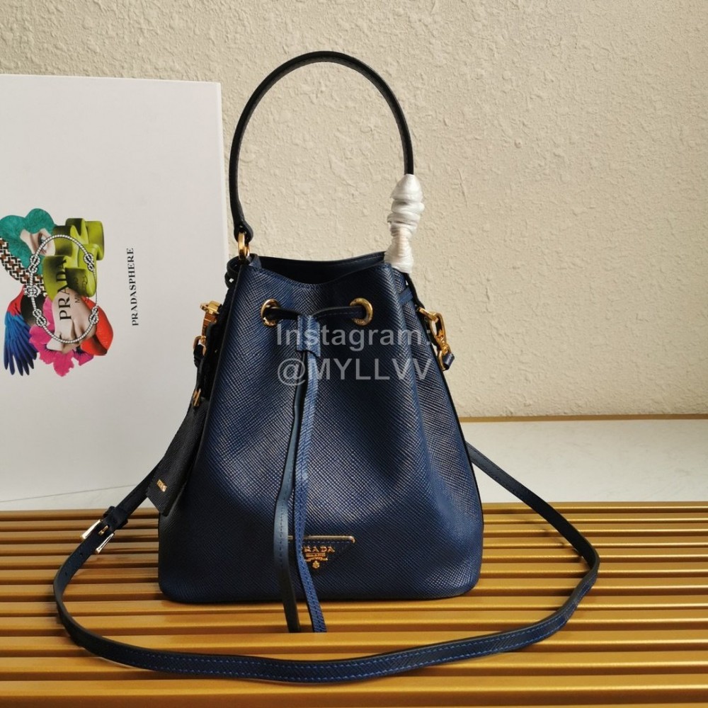 Prada Cross Cowhide Drawstring Bucket Bag Handbag For Women Blue 1be032