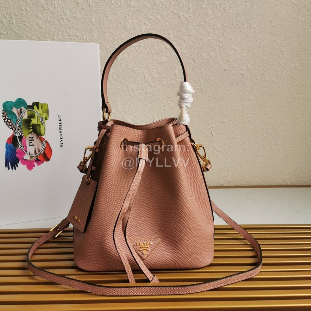 Prada Cross Cowhide Drawstring Bucket Bag Handbag For Women Pink 1be032