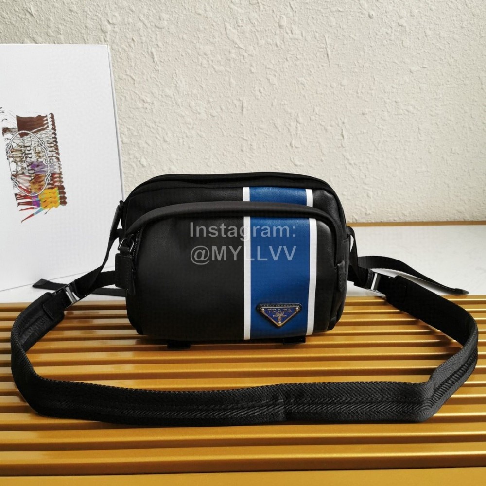 Prada Classic Imported Fabric Soft Calfskin Messenger Bag For Men Blue 2vh043