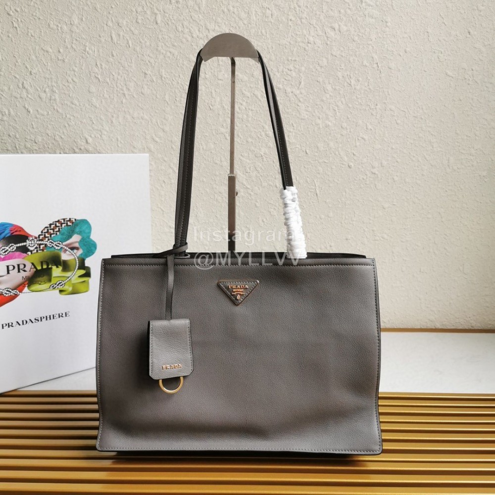 Prada Calf Leather Double Handle Soft Shoulder Bag For Women Gray 1bg122