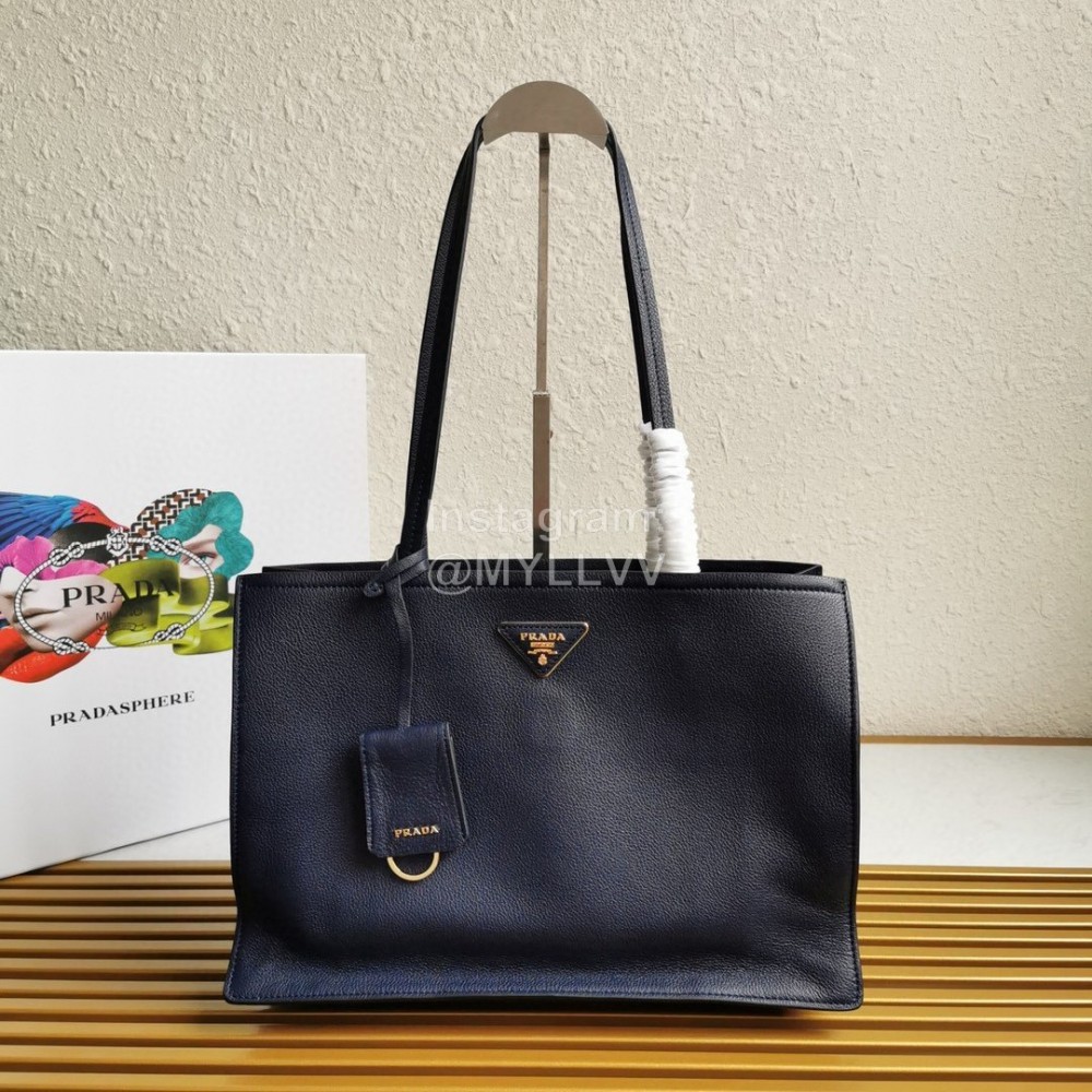 Prada Calf Leather Double Handle Soft Shoulder Bag For Women Blue 1bg122