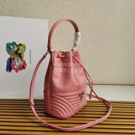 Prada New Fashion Leather Embroidered Drawstring Bucket Bag For Women Pink 1bh038