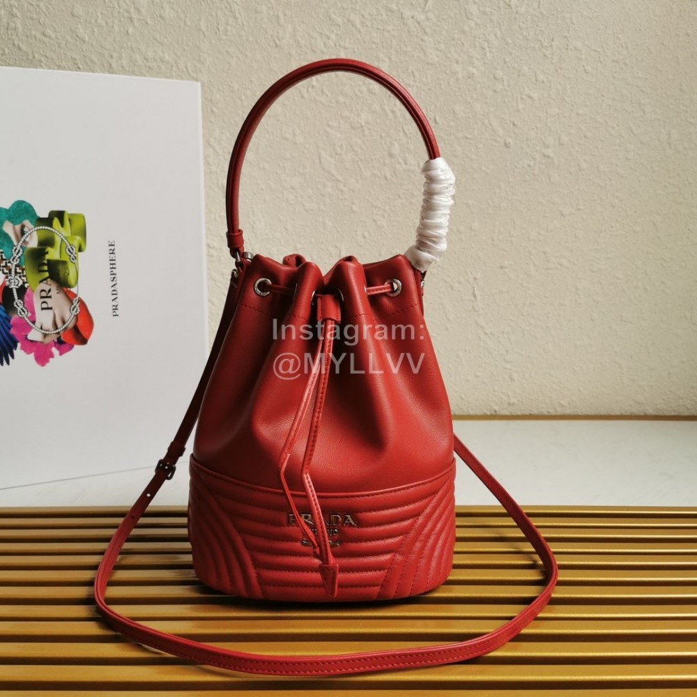 Prada New Fashion Leather Embroidered Drawstring Bucket Bag For Women Red 1bh038