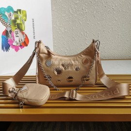 Prada Embroidered Sequins Lightweight Fashion Underarm Bag For Women Khaki 1bh204