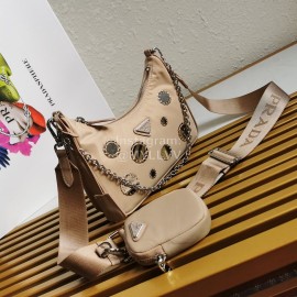 Prada Embroidered Sequins Lightweight Fashion Underarm Bag For Women Khaki 1bh204