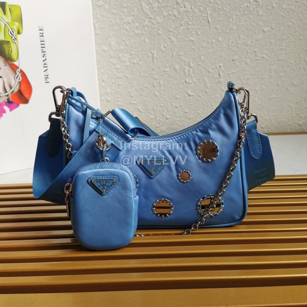 Prada Embroidered Sequins Lightweight Fashion Underarm Bag For Women Blue 1bh204