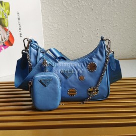 Prada Embroidered Sequins Lightweight Fashion Underarm Bag For Women Blue 1bh204