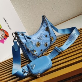 Prada Embroidered Sequins Lightweight Fashion Underarm Bag For Women Blue 1bh204