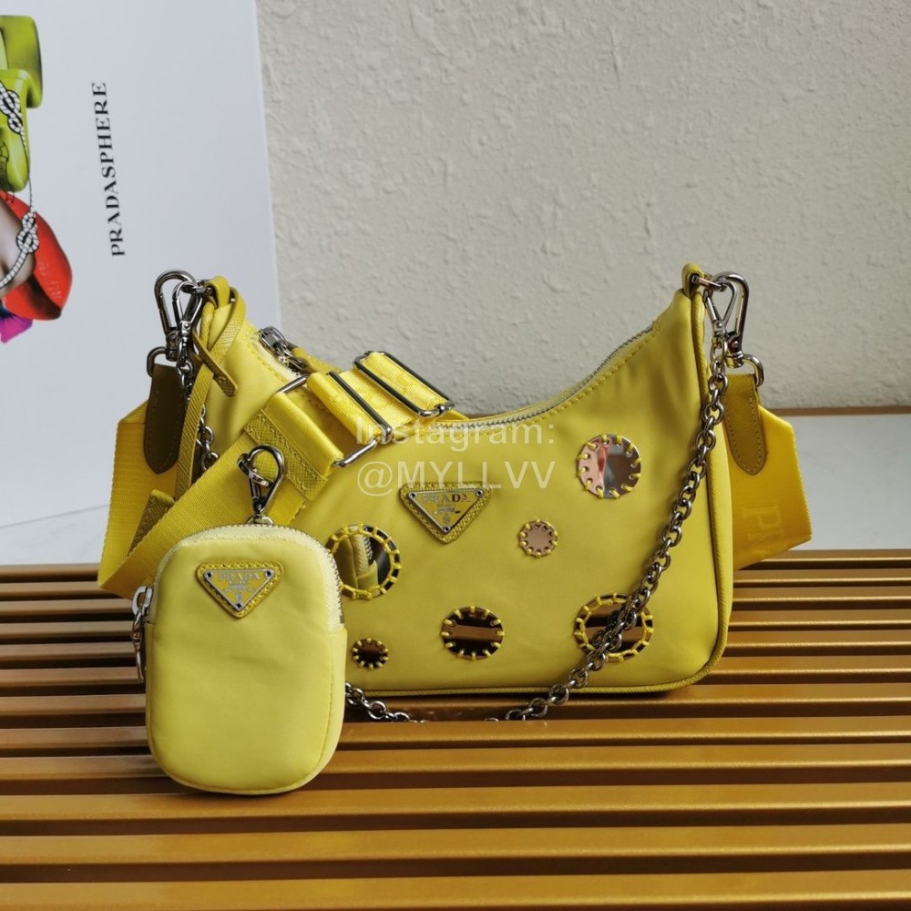 Prada Embroidered Sequins Lightweight Fashion Underarm Bag For Women Yellow 1bh204