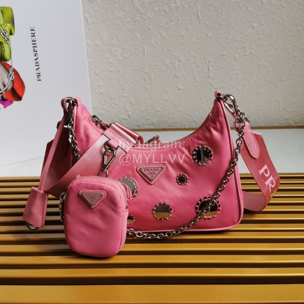 Prada Embroidered Sequins Lightweight Fashion Underarm Bag For Women Pink 1bh204