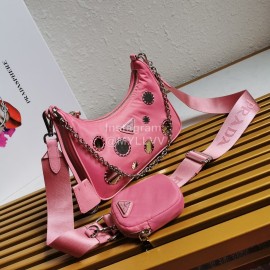 Prada Embroidered Sequins Lightweight Fashion Underarm Bag For Women Pink 1bh204