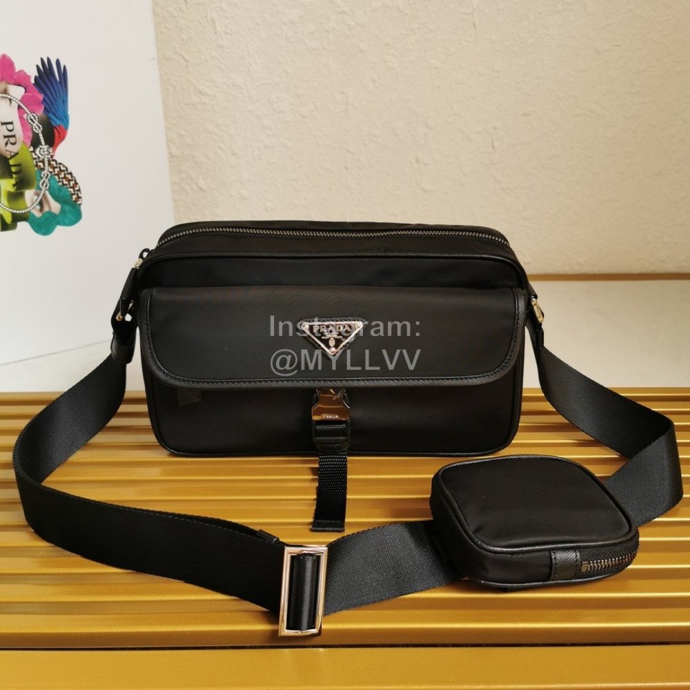 Prada Enamel Logo With Bag Pendant Simple Nylon Messenger Bag For Men Black 2vh074