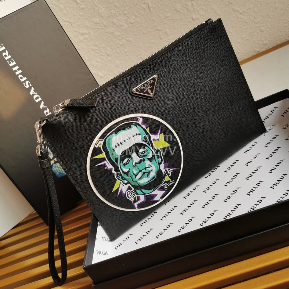 Prada Black Exquisite Printing Leather Fashion Handbag For Men 2nh005