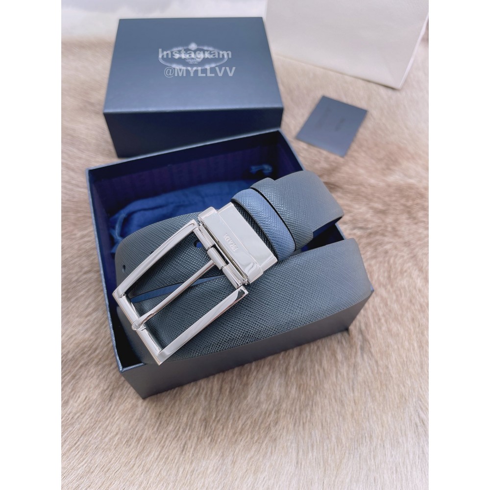 Prada Saffiano Leather Silver Pin Buckle 35mm Belt For Men 