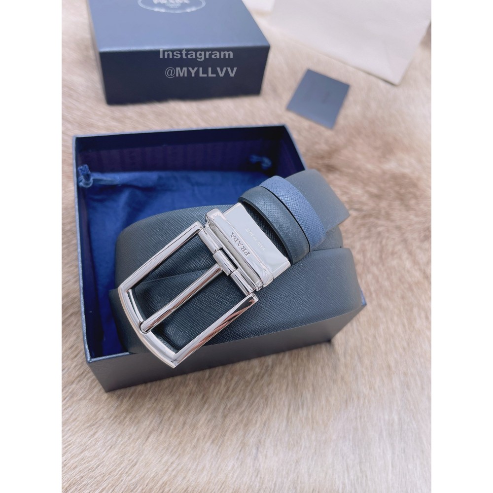 Prada Saffiano Leather Silver Pin Buckle 35mm Leisure Belt For Men 