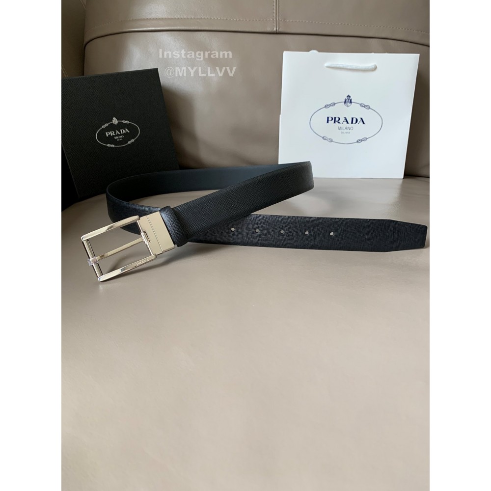 Prada Saffiano Leather Pin Buckle 34mm Belt For Men Black