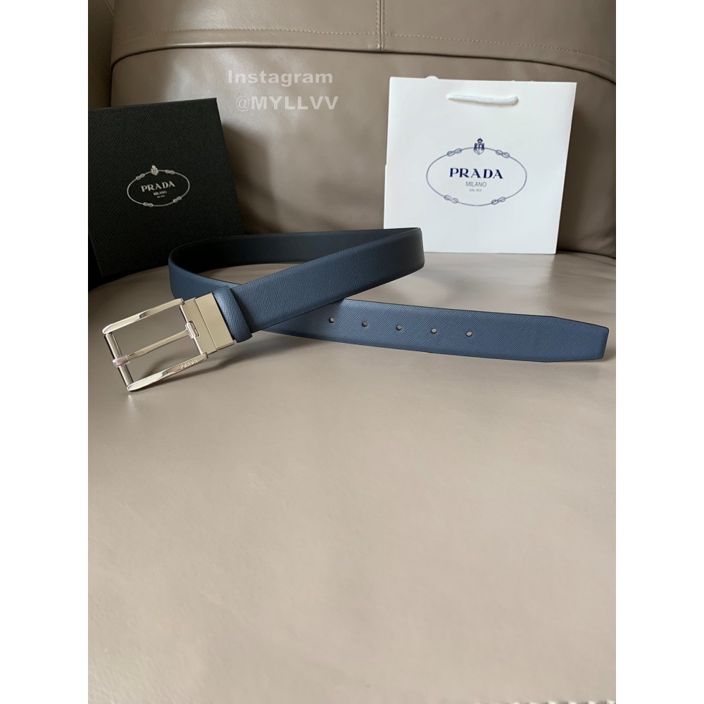 Prada Saffiano Leather Silver Pin Buckle 34mm Belt For Men Navy