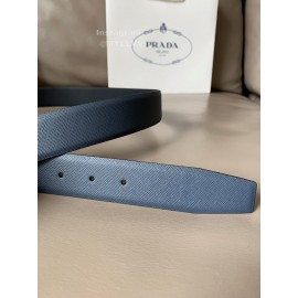 Prada Saffiano Leather Silver Pin Buckle 34mm Belt For Men Navy