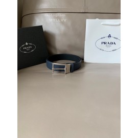 Prada Saffiano Leather Silver Pin Buckle 34mm Belt For Men Navy