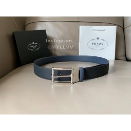 Prada Saffiano Leather Silver Pin Buckle 34mm Belt For Men Navy