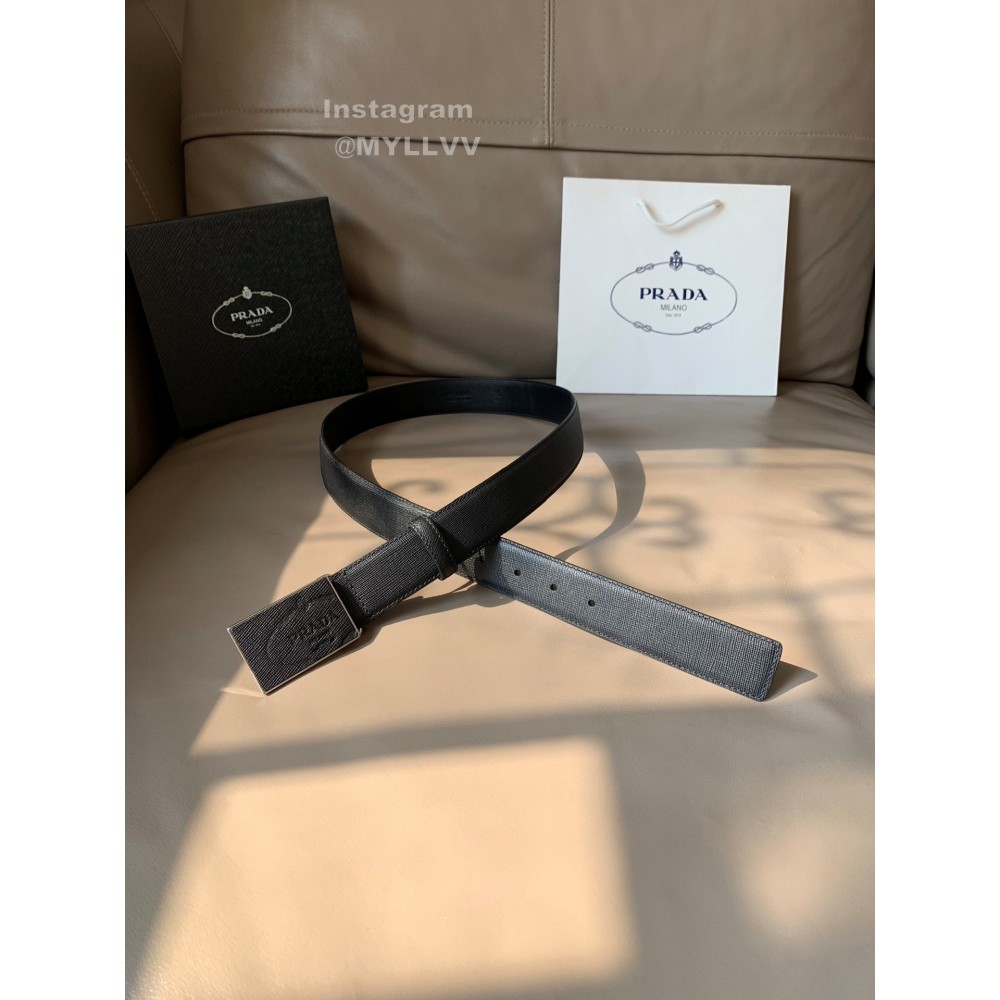 Prada Black Saffiano Leather Square Buckle 34mm Leisure Belt 