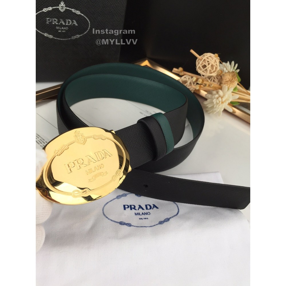 Prada Black Saffiano Calf Leather Gold Oval Buckle 35mm Belt For Men
