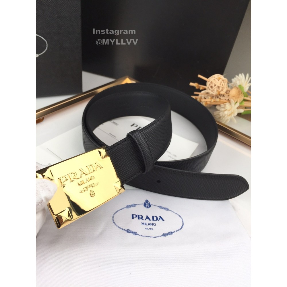 Prada Saffiano Leather Square Buckle 37mm Belt For Men Black