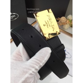 Prada Saffiano Leather Square Buckle 37mm Belt For Men Black