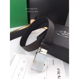 Prada Leather Palladium Plated Buckle 35mm Belt Coffee