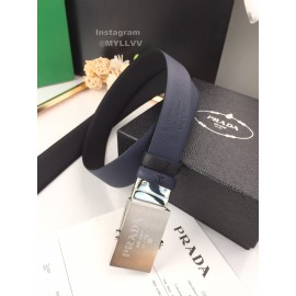 Prada Leather Palladium Plated Buckle 35mm Belt Navy