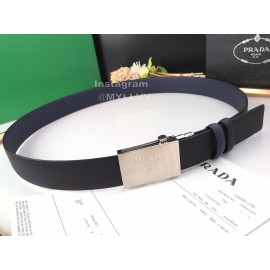 Prada Leather Palladium Plated Buckle 35mm Belt Navy