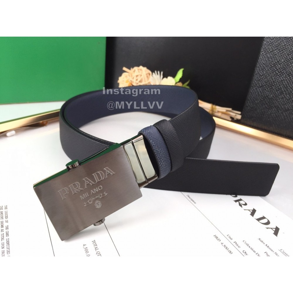 Prada Navy Leather Palladium Plated Buckle 35mm Belt