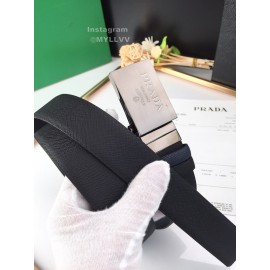 Prada Navy Leather Palladium Plated Buckle 35mm Belt