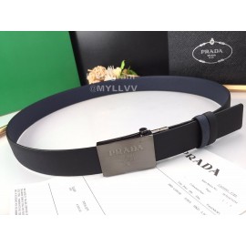 Prada Navy Leather Palladium Plated Buckle 35mm Belt