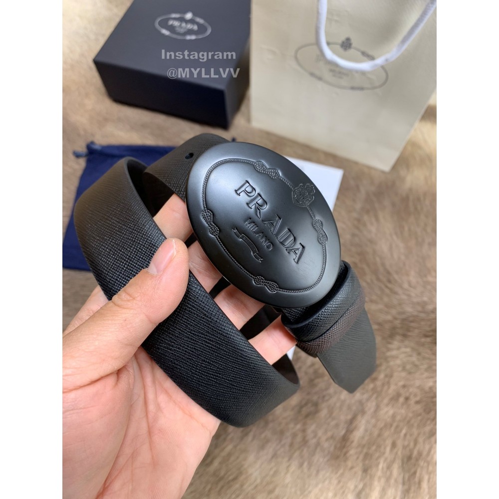 Prada New Saffiano Calf Leather Black Oval Buckle 35mm Belt 