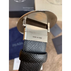 Prada New Black Saffiano Calf Leather Oval Buckle 35mm Belt 