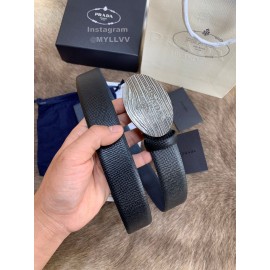 Prada New Black Saffiano Calf Leather Oval Buckle 35mm Belt 