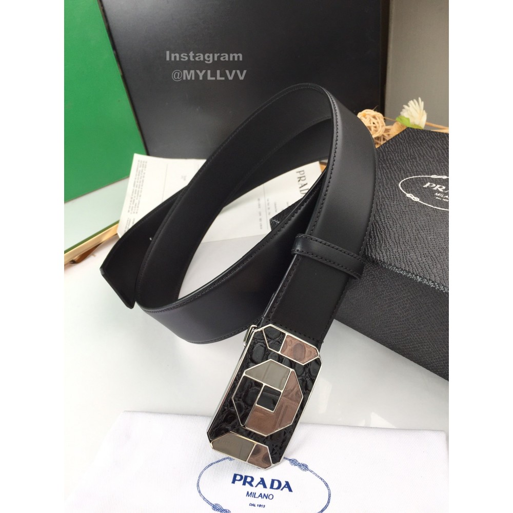 Prada Fashion Black Saffiano Calf Leather Square Buckle 38mm Belt 