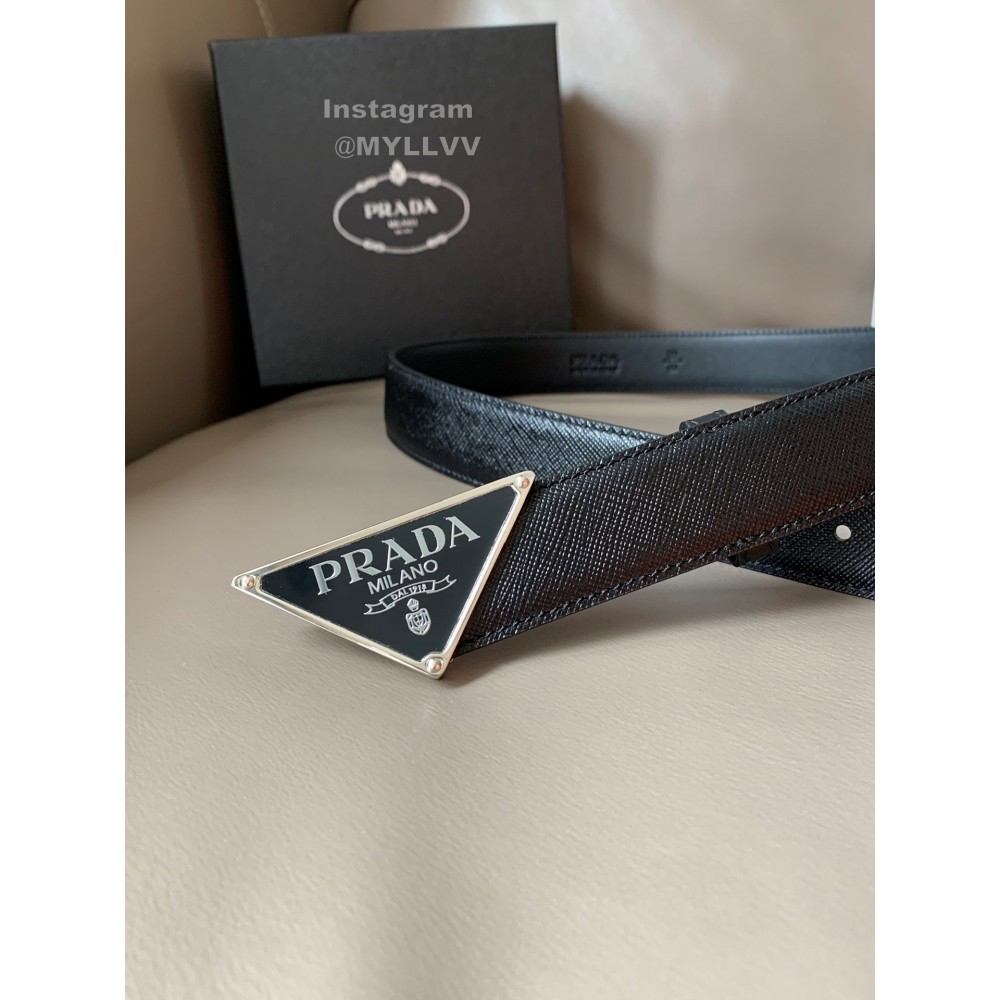 Prada Black Saffiano Calf Leather Enamel Triangle Logo 30mm Belt 