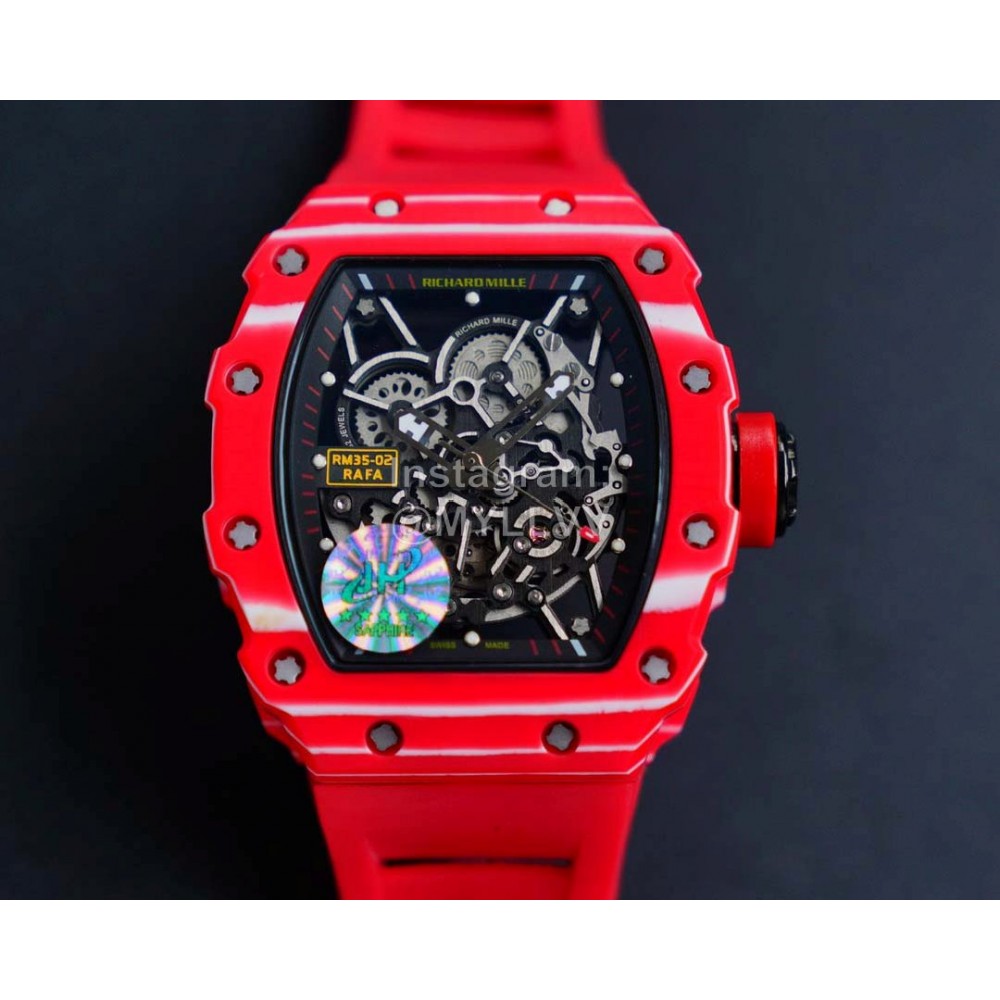 Richard Mille Carbon Fiber Case Red Rubber Strap Watch