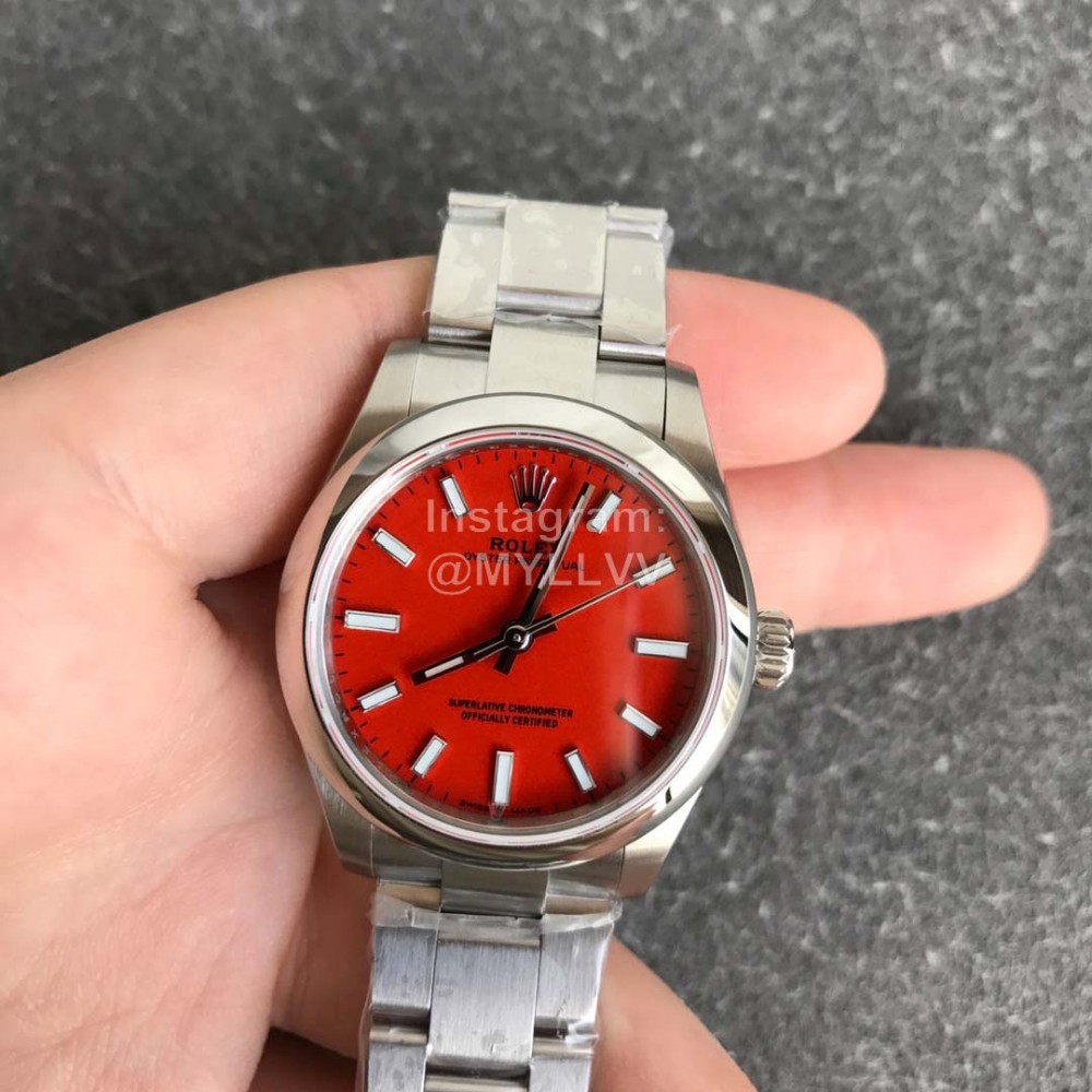 Rolex 31mm Red Dial Steel Strap Luminous Watch